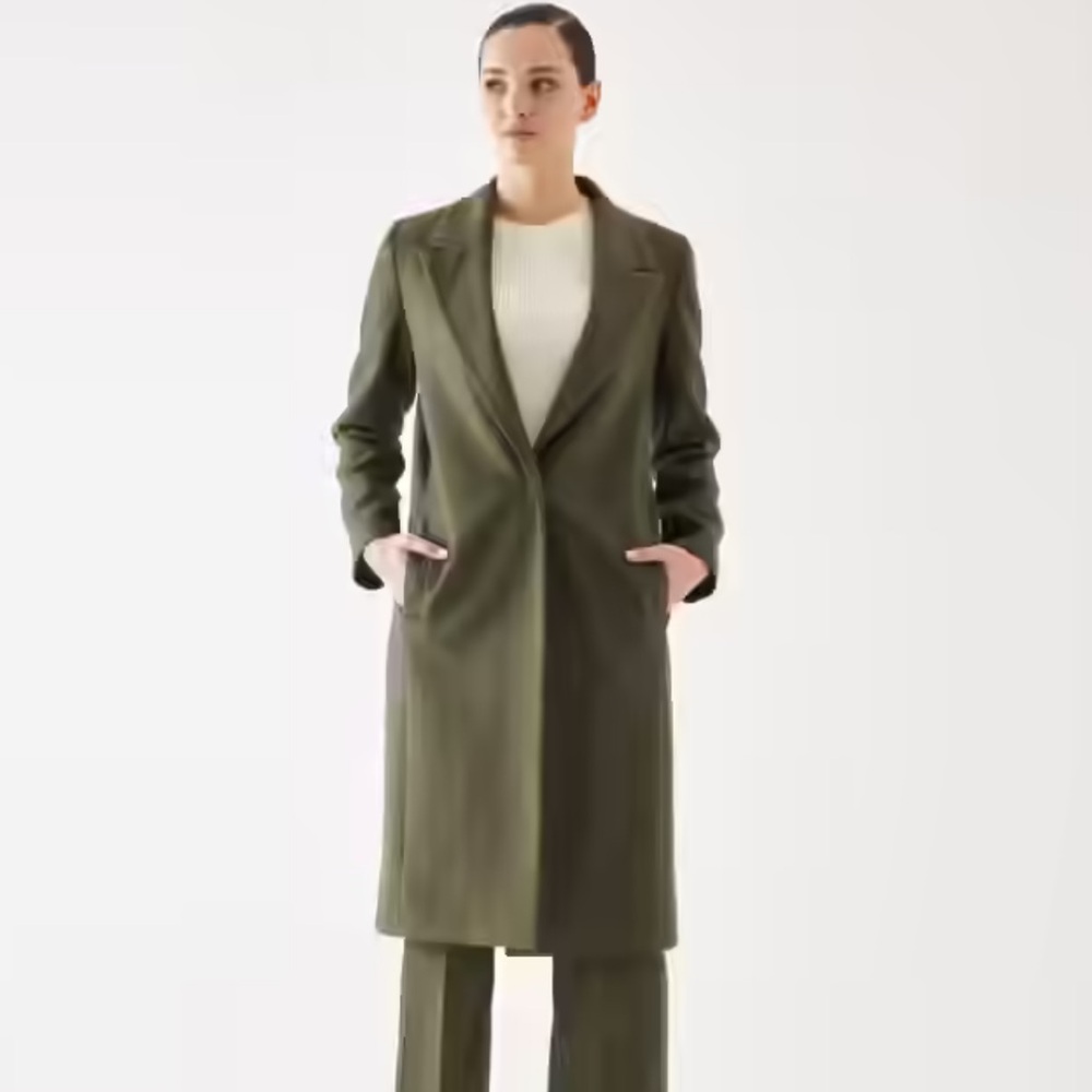 Khaki Single-Button Detail Bouclé Coat